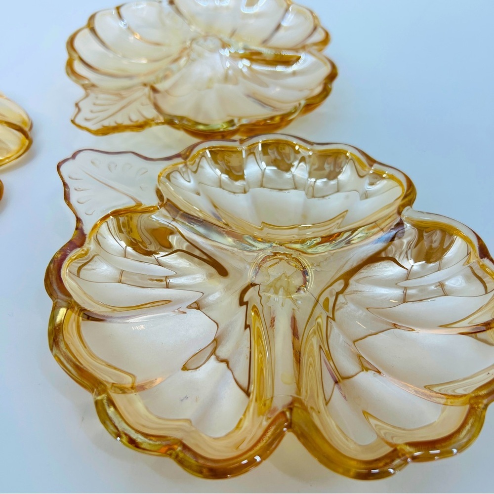 Jeanette Glass Marigold MCM Carnival Glass Candy 3-Section Leaf Clover Dish Vtg